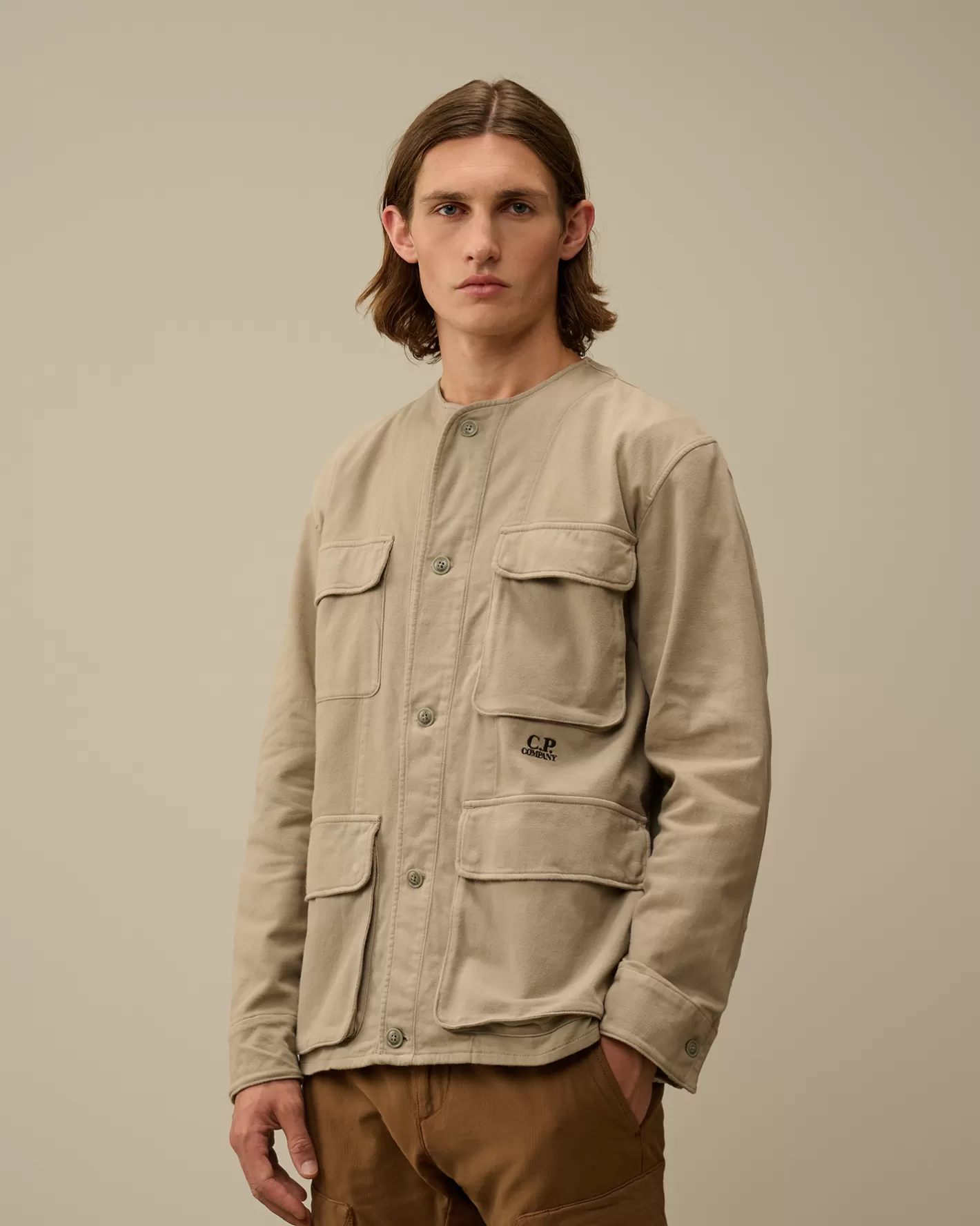 C.P. Company Overshirt^Armored Stretch Satin Buttoned Overshirt Vintage Khaki – Beige