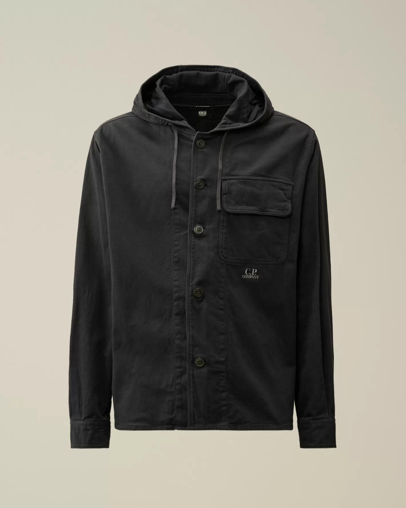 C.P. Company Overshirt^Armored Stretch Satin Hooded Buttoned Overshirt Black Sand