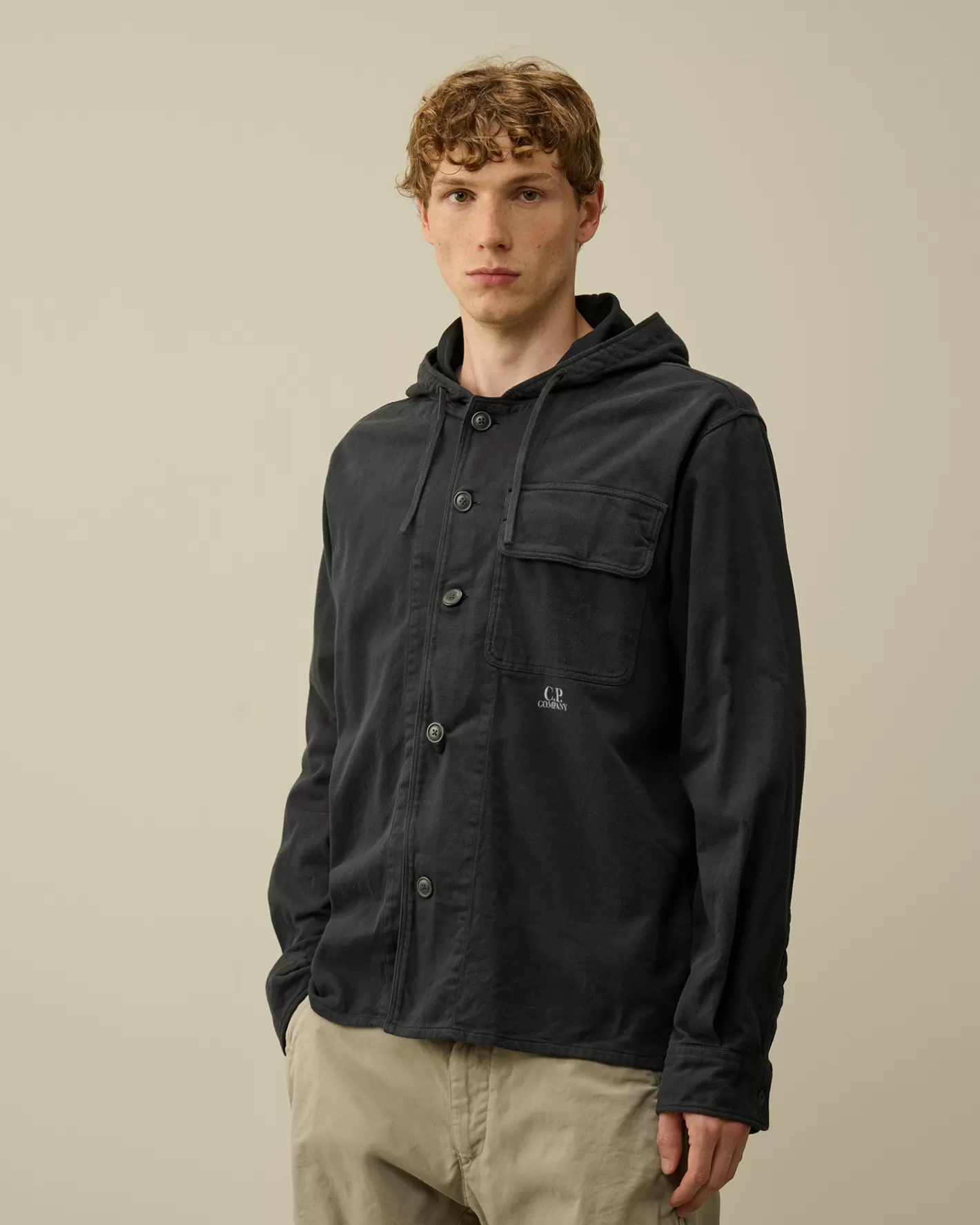 C.P. Company Overshirt^Armored Stretch Satin Hooded Buttoned Overshirt Black Sand