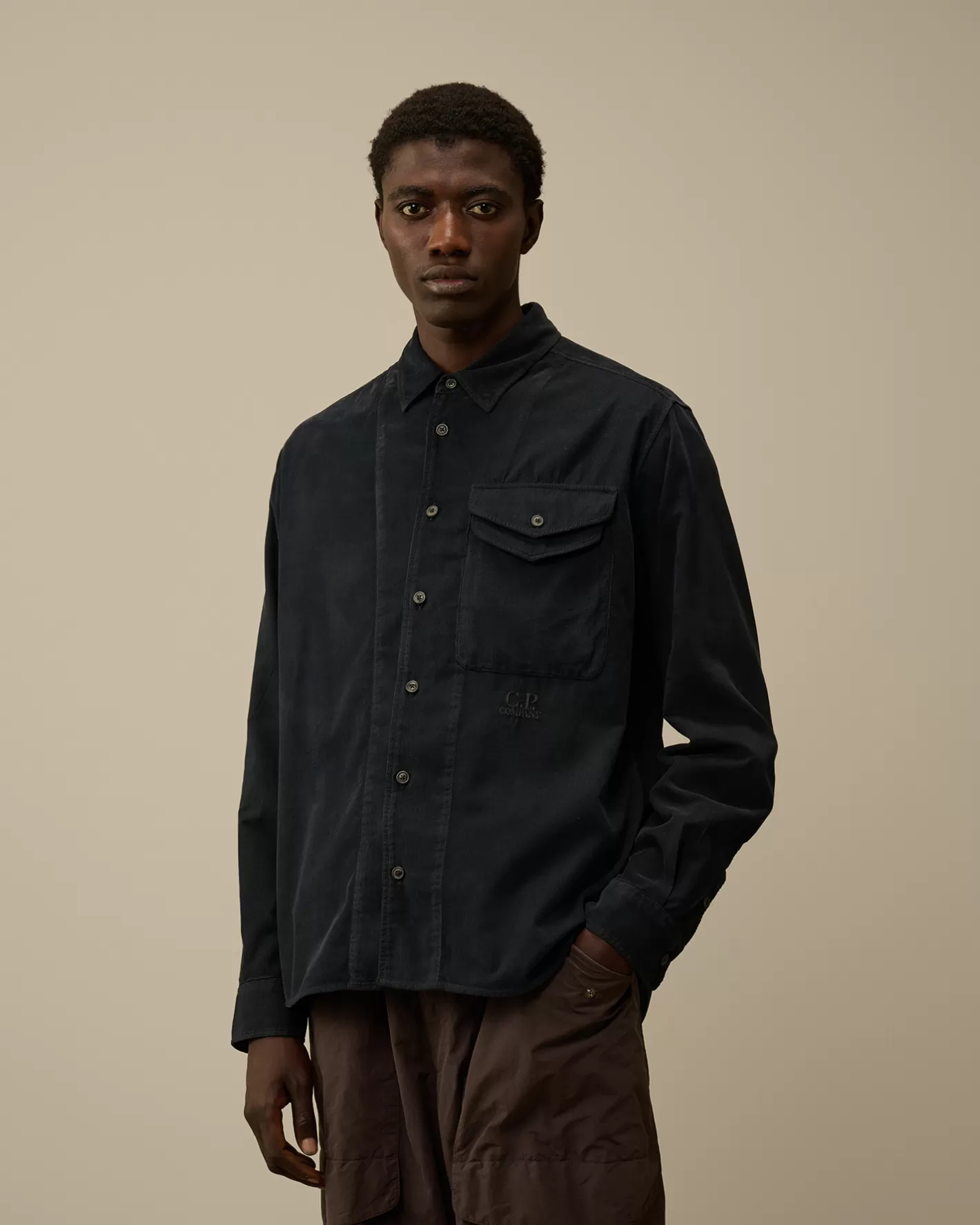 C.P. Company Shirt^Corduroy Single Pocket Shirt Black Sand