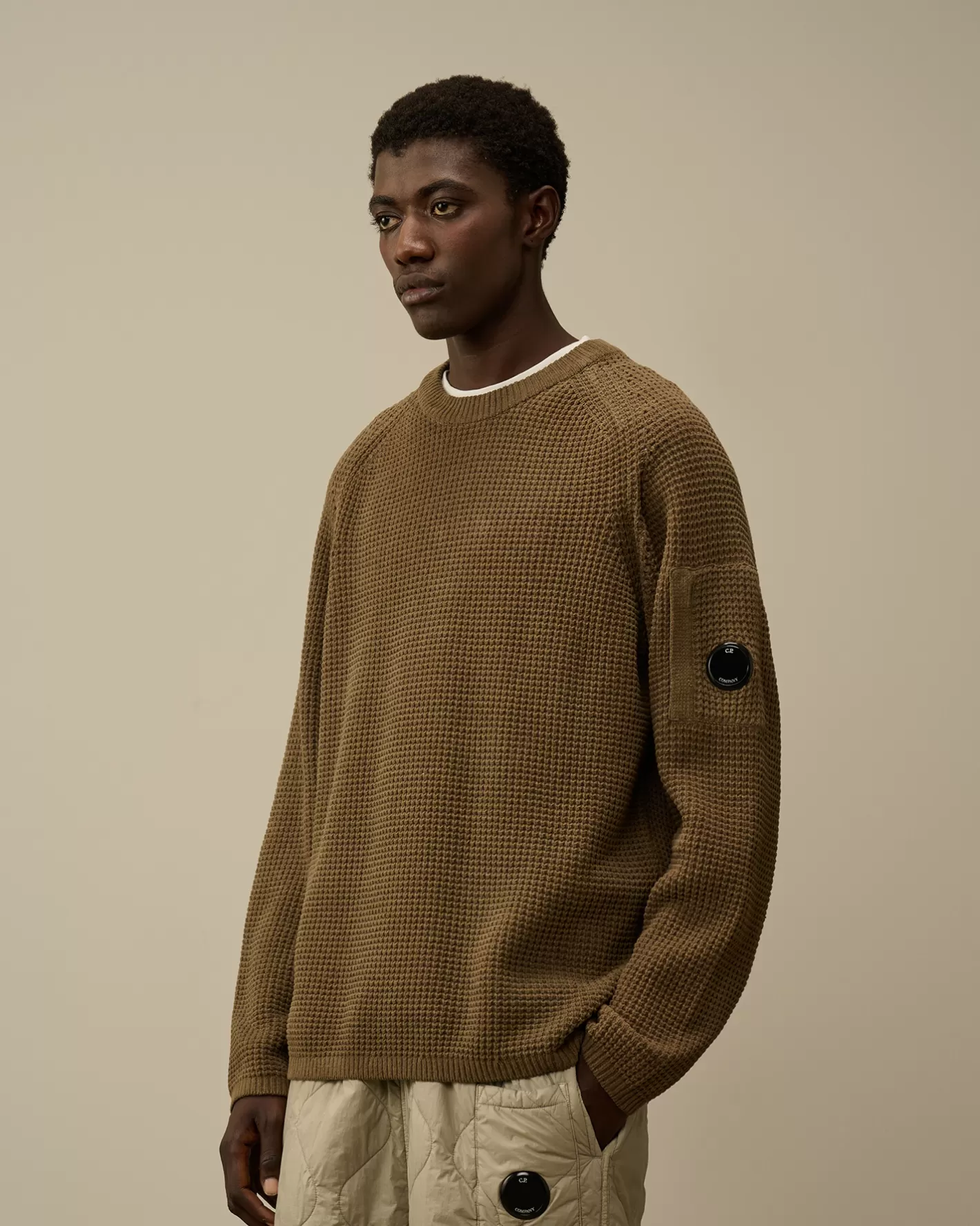 C.P. Company Jumpers^Cotton Chenille Crewneck Waffle Knit Walnut – Beige