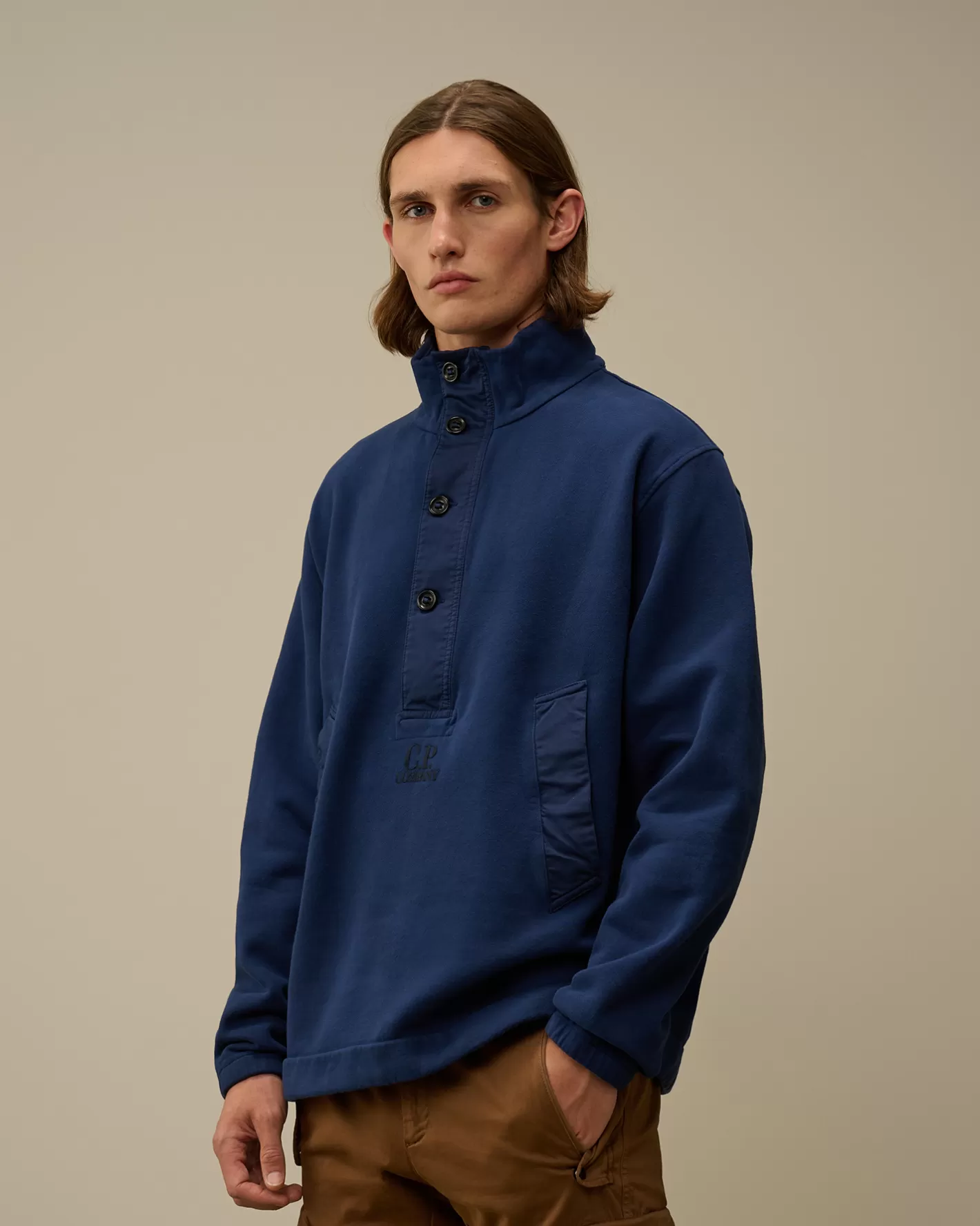 C.P. Company Sweatshirts^Diagonal Fleece Mixed Half Buttoned Sweatshirt Estate Blue