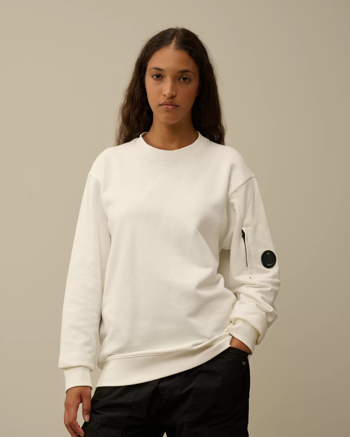 C.P. Company Sweatshirts^Diagonal Raised Fleece Crew Neck Lens Sweatshirt Gauze White