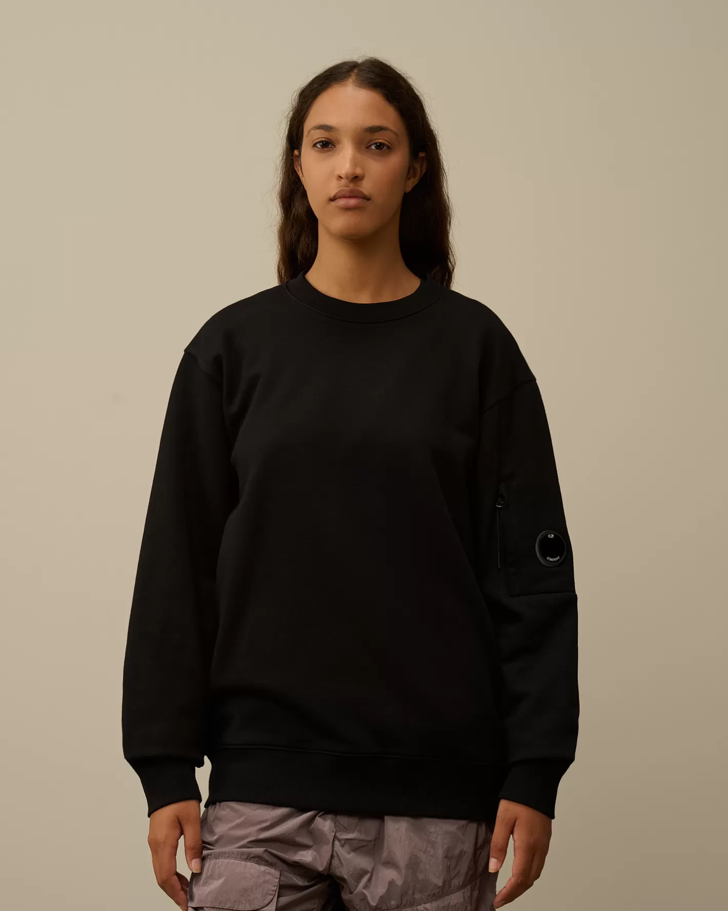 C.P. Company Sweatshirts^Diagonal Raised Fleece Crew Neck Lens Sweatshirt Black