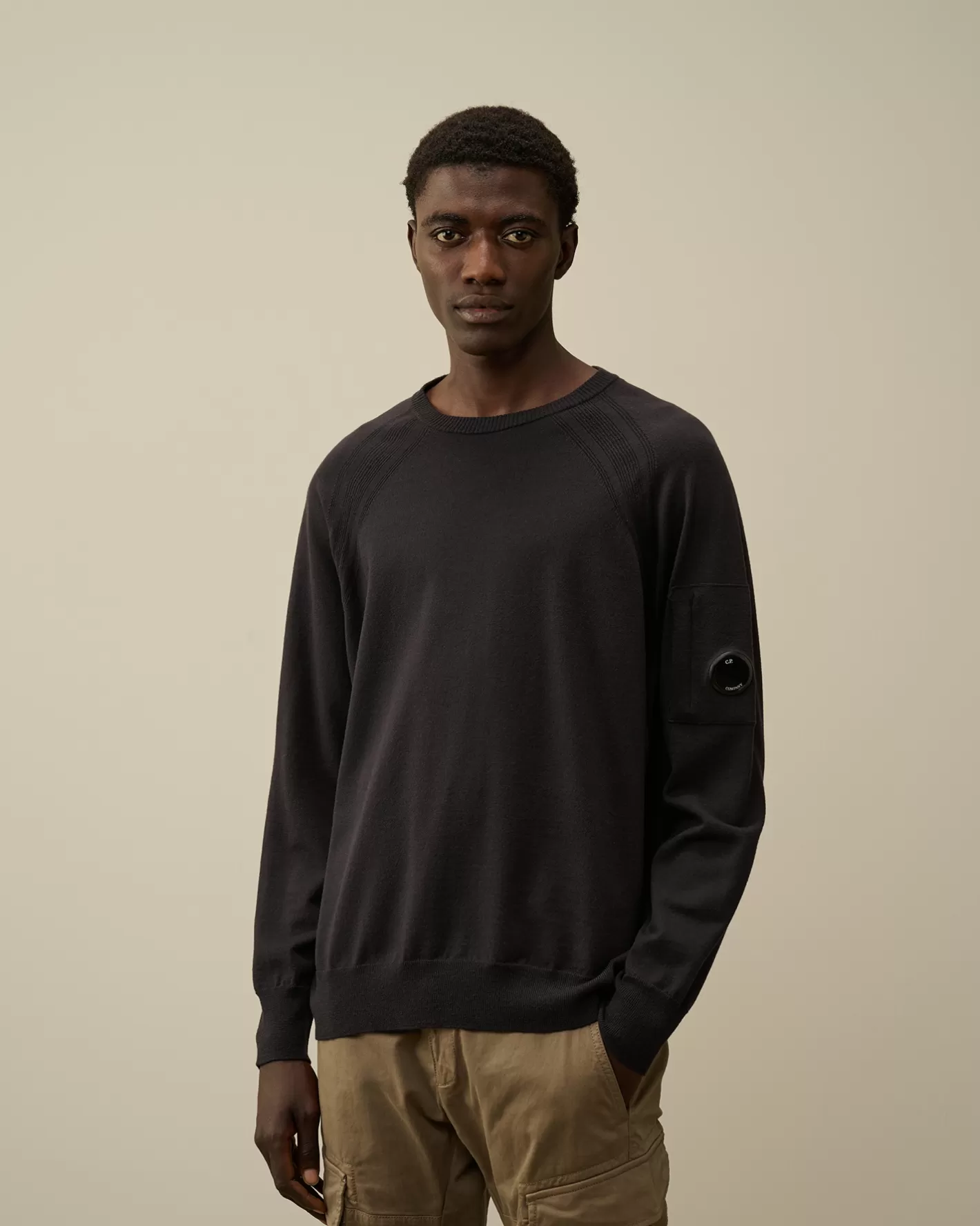 C.P. Company Jumpers^Extra Fine Merino Wool Crew Neck Stitched Knit Black Sand