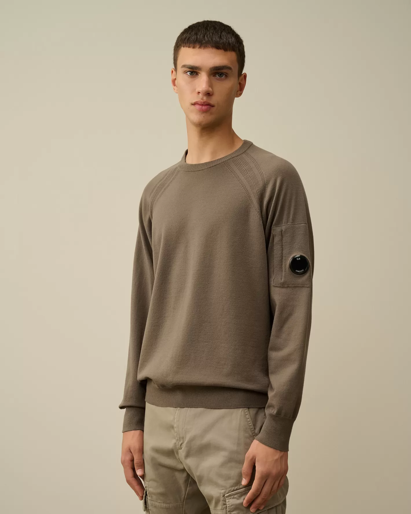 C.P. Company Jumpers^Extra Fine Merino Wool Crew Neck Stitched Knit Walnut – Beige