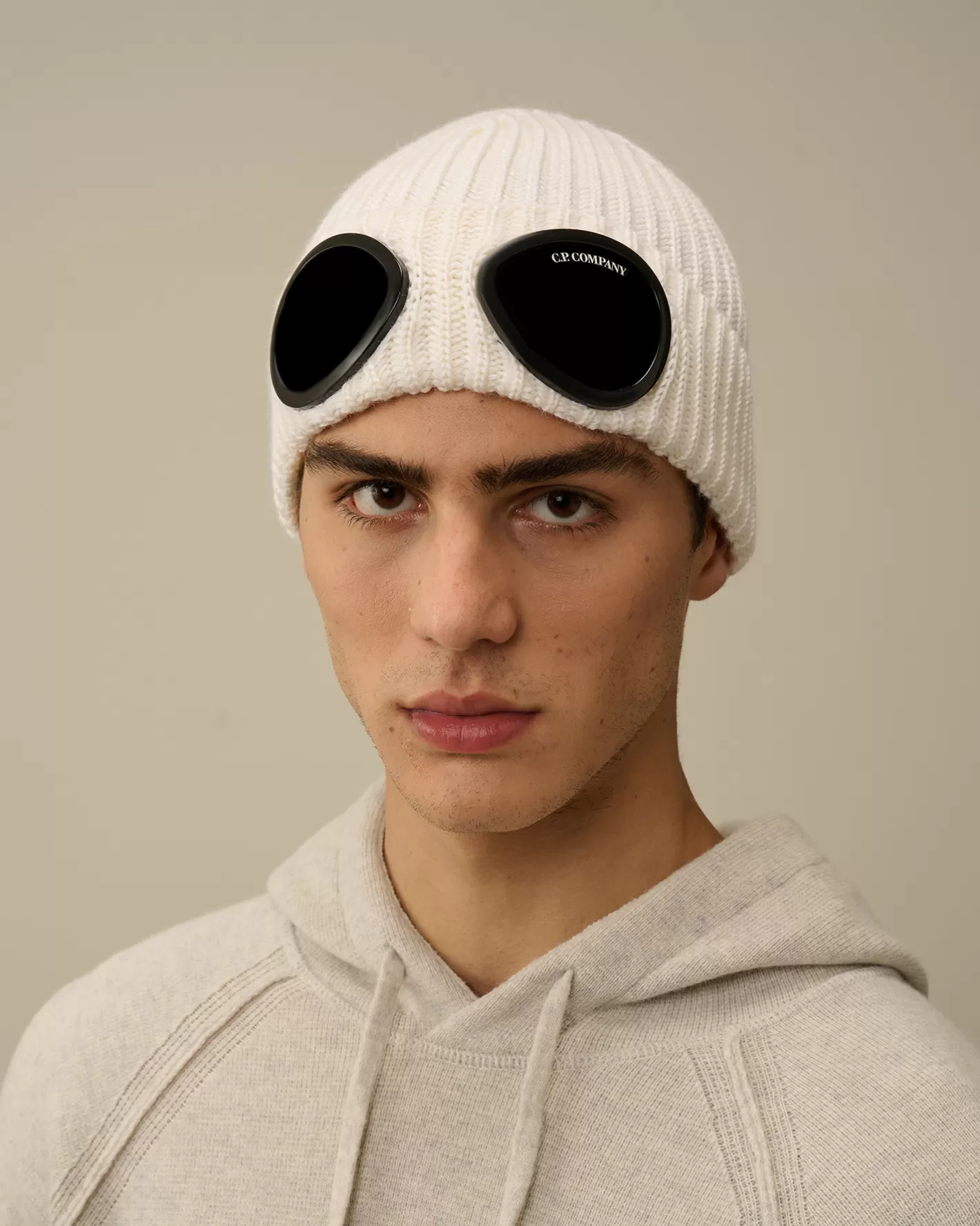 C.P. Company Hats^Extra Fine Merino Wool Goggle Beanie Gauze White