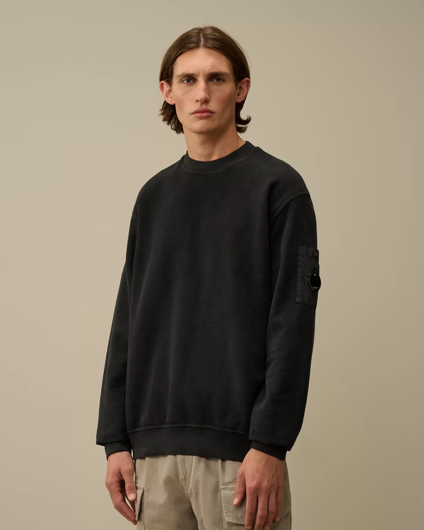 C.P. Company Sweatshirts^Reverse Brushed & Emerized Diagonal Fleece Crewneck Sweatshirt Black Sand