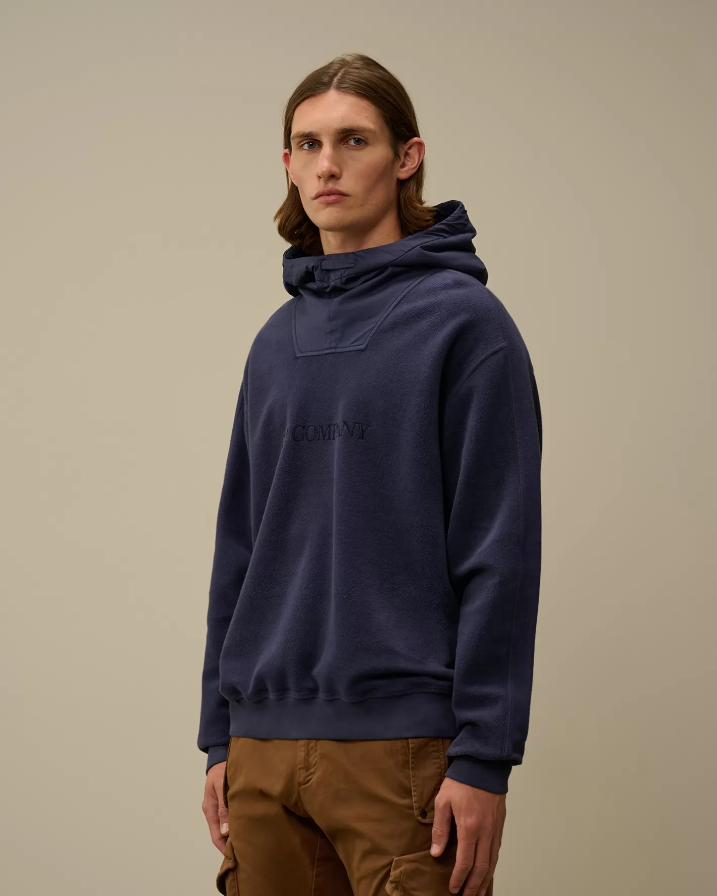 C.P. Company Sweatshirts^Reverse Brushed & Emerized Diagonal Fleece Mixed Hooded Sweatshirt Estate Blue