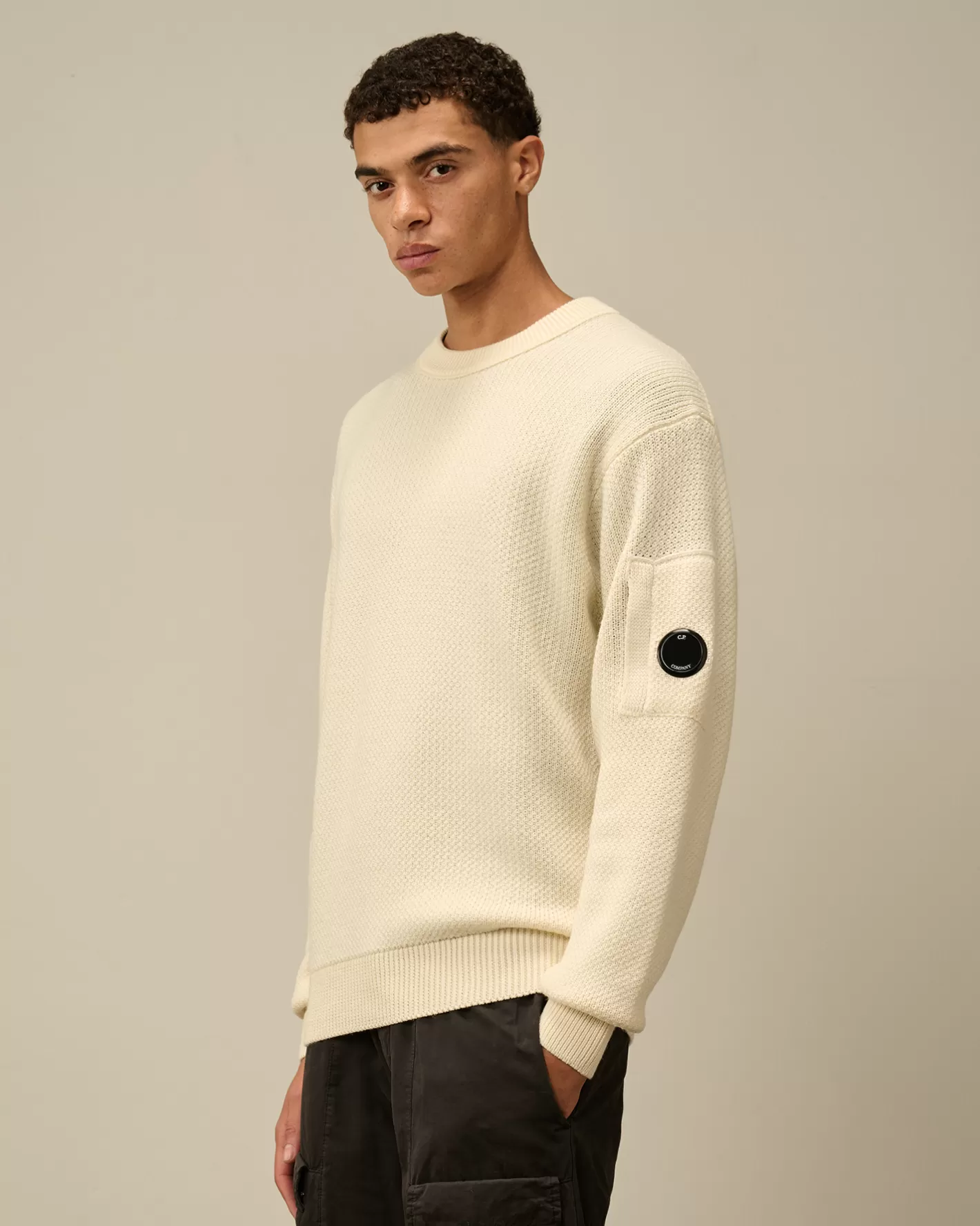 C.P. Company Jumpers^Re-Wool Lens Crewneck Knit Gauze White