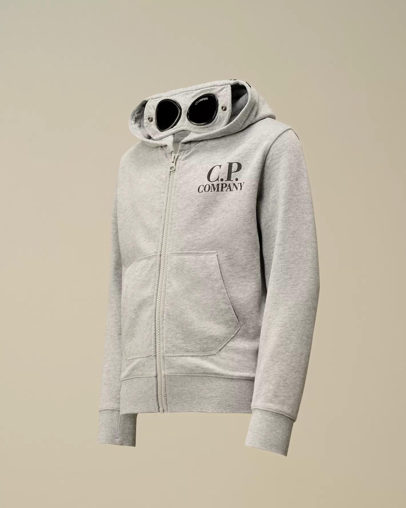 C.P. Company Clothing 10-14^U16 Diagonal Fleece Goggle Zipped Hooded Sweatshirt Grey Melange