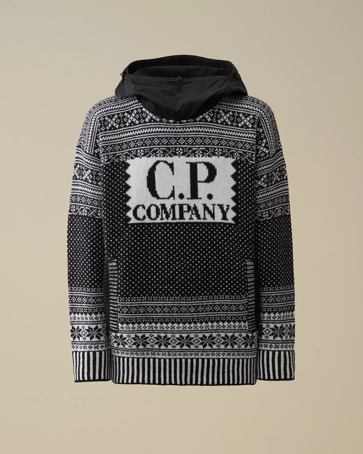 C.P. Company Jumpers^Wool Jacquard Mixed Hooded Logo Knit Var.02 – Black